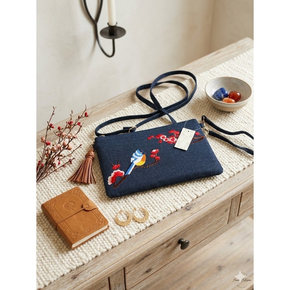 Ole Artisan Embroidered Bird Floral Shoulder Bag Tassel Zip‎ Closure Women's